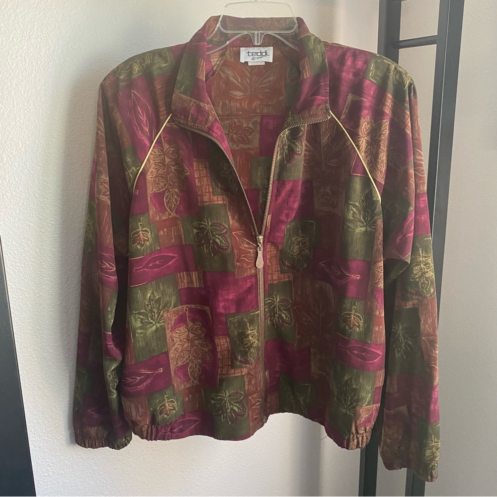 Vintage 90s Teddi Fall Themed Full Zip Jacket Windbreaker‎ Womens Large Maroon